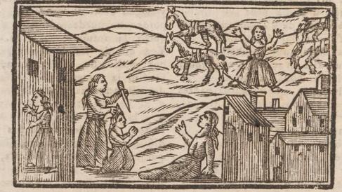 Woman with knife, people under attack, horses and woman in the distant fields, houses